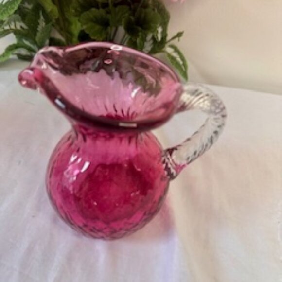 Vintage Cranberry Glass Pitcher with Twisted Clear Handle –‎ Swirled Diamond Pat - Picture 3 of 5
